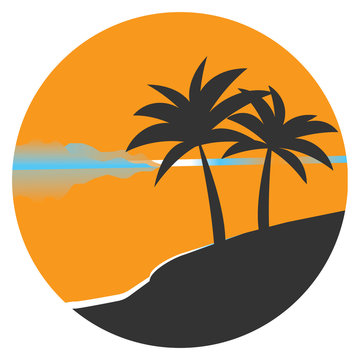 Black silhouette of a palm tree in a circle at sunset. Flat vector icon for design works. Icon with a tropical island