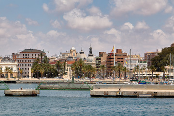 Obraz premium View of the embankment and the historic center of Cartagena from the Mediterranean Sea. Murcia, Spain.