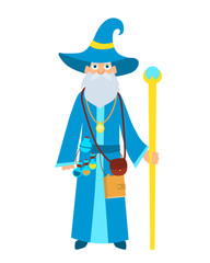 Cute old wizard with a magic stick. Vector illustration