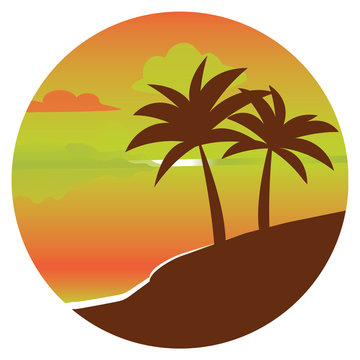 Brown silhouette of a palm tree in a circle at sunset. Flat vector icon for design works. Icon with a tropical island