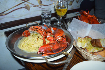 Lobster with spaghetti and fresh bread, Boston
