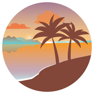 Brown silhouette of a palm tree in a circle at sunset. Flat vector icon for design works. Icon with a tropical island