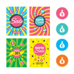 Money bag icons. Dollar, Euro, Pound and Yen.