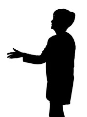 Front profile portrait silhouette of elderly lady finger on lips thinking