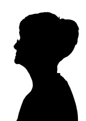 Obraz na płótnie Canvas Front profile portrait silhouette of elderly lady finger on lips thinking