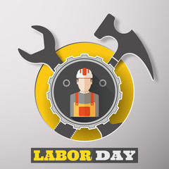 Vector poster of Happy Labor Day with label of gear with worker, round cutout, wrench, hammer on the gradient gray background.