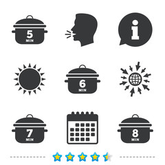 Cooking pan icons. Boil five, eight minutes.