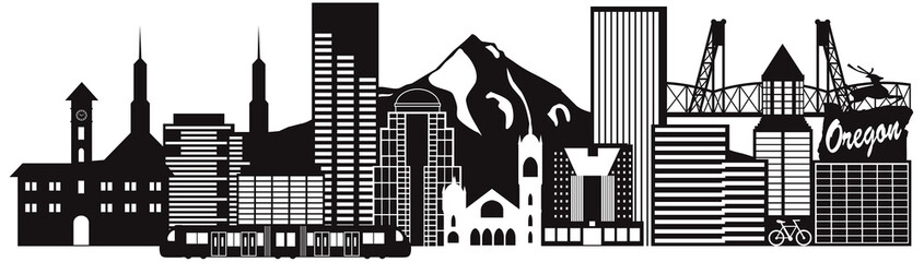 Portland Oregon Skyline Transportation Black and White Vector Illustration - 145167362