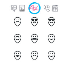Smile icons. Sunglasses, mustache and laughing.