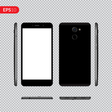 Smartphone, mobile phone on isolated transparent background, Photo realistic vector illustrations modern phone with black color. Front, back and form the side view mockup template.