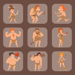 Caveman primitive stone age cartoon neanderthal people character evolution vector illustration.