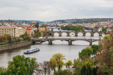 Fototapeta na wymiar Panorama of Prague`s bridges from Letensky gardens