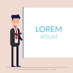 Businessmen or manager present with board. Cute woman character present about business lecture. Man in a business suit. Flat character. Lorem ipsum. Vector illustration.