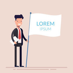 Manager or businessman holding a white flag in his hand. Flat character isolated on background. Lorem ipsum. Vector illustration.
