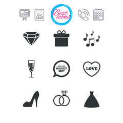 Wedding, engagement icons. Rings, gift box.