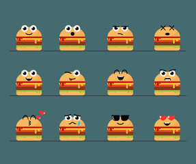 Flat Emoticon Cute Cheeseburger Set. 12 Different Looks