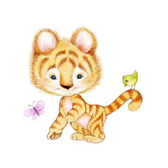 Cute tiger with bird