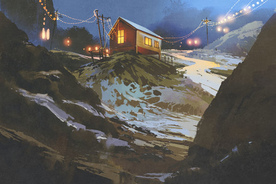 night scenery of wooden houses in the mountain in winter, illustration painting