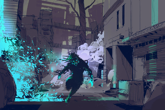 sci-fi concept of the futuristic beast running from blue light particles in city alley, illustration digital painting