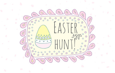 Hand drawn doodle Easter egg icon with funny decoration frame, vector illustration Spring bunny symbols collection Cartoon decoration element: egg, rabbit, basket, bunny  hunt, hearts, boarders