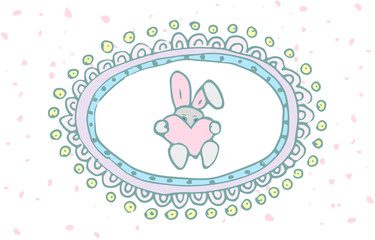 Hand drawn doodle Easter egg icon with funny decoration frame, vector illustration Spring bunny symbols collection Cartoon decoration element: egg, rabbit, basket, bunny  hunt, hearts, boarders