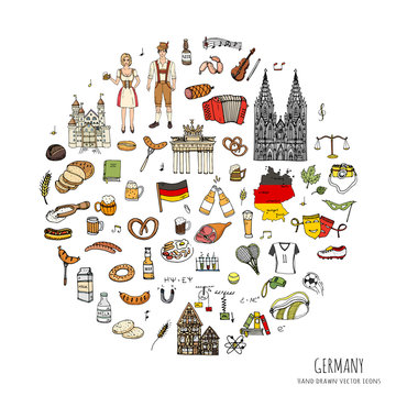 Hand drawn doodle set of Germany icons. Vector illustration set. Cartoon German landmark. Sketchy Europe travel elements collection: Sausage, Beer, Wheat bread, football, tennis, classic music, castle
