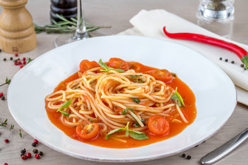 Spaghetti with tomatoes and Basil