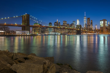 Brooklyn Bridge and Downtown Manhattan view after sunset