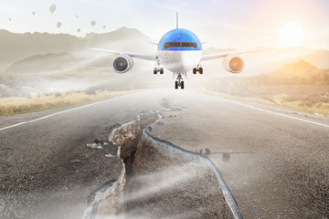 Obraz premium Airplane over runway. Mixed media . Mixed media