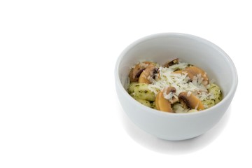 High angle view of prepared pasta served in bowl