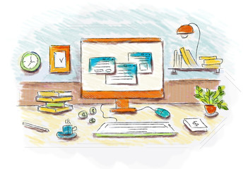 Drawn image of work table with objects . Mixed media