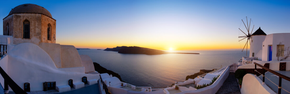 Sunset over Oia village on Santorini island in Greece