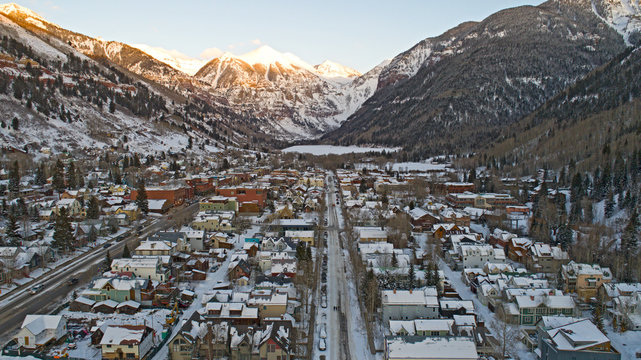 Telluride Colorado USA Aerial Above View At Sunset Mountain Peak Background