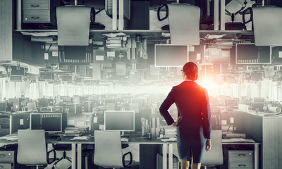 Corporate workplaces equipped by modern equipment . Mixed media