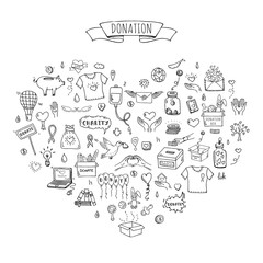 Hand drawn doodle Donation icons set. Vector illustration. Charity symbols collection Cartoon donate sketch elements: blood donation, box, heart, money jar, care, help, gift, giving hand, fund raising