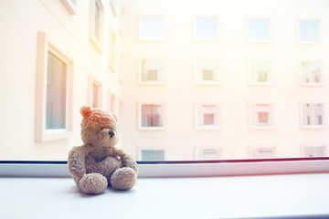 Lonely bear is waiting for you by the window