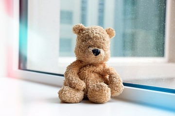Lonely bear is waiting for you by the window