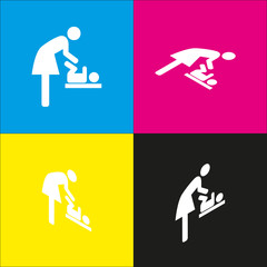 Symbol for women and baby, baby changing. Vector. White icon with isometric projections on cyan, magenta, yellow and black backgrounds.