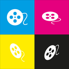 Film circular sign. Vector. White icon with isometric projections on cyan, magenta, yellow and black backgrounds.
