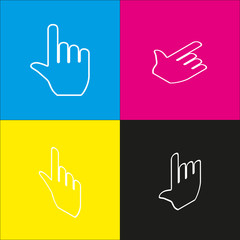 Fototapeta premium Hand sign illustration. Vector. White icon with isometric projections on cyan, magenta, yellow and black backgrounds.