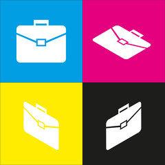 Briefcase sign illustration. Vector. White icon with isometric projections on cyan, magenta, yellow and black backgrounds.