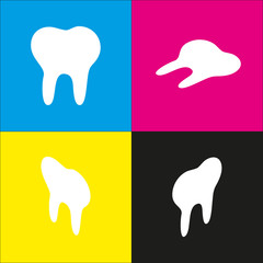 Tooth sign illustration. Vector. White icon with isometric projections on cyan, magenta, yellow and black backgrounds.