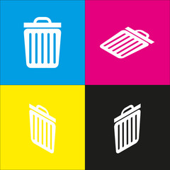 Trash sign illustration. Vector. White icon with isometric projections on cyan, magenta, yellow and black backgrounds.