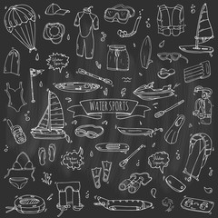 Hand drawn doodle Water sports icons set. Vector illustration, isolated symbols collection, Cartoon various elements: jetski, wakeboard, waterski, surfing, kayak, kitesurfing, paddle, parasailing