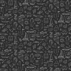 Seamless pattern hand drawn doodle Water sports icon set. Vector illustration Symbols collection Cartoon various elements: jetski, wakeboard, waterski, surfing, kayak, kitesurfing, paddle, parasailing