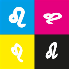 Leo sign illustration. Vector. White icon with isometric projections on cyan, magenta, yellow and black backgrounds.