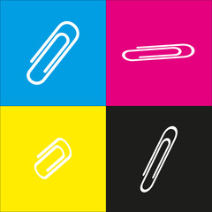 Clip sign illustration. Vector. White icon with isometric projections on cyan, magenta, yellow and black backgrounds.