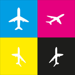 Airplane sign illustration. Vector. White icon with isometric projections on cyan, magenta, yellow and black backgrounds.