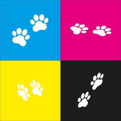 Animal Tracks sign. Vector. White icon with isometric projections on cyan, magenta, yellow and black backgrounds.