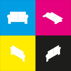 Sofa sign illustration. Vector. White icon with isometric projections on cyan, magenta, yellow and black backgrounds.